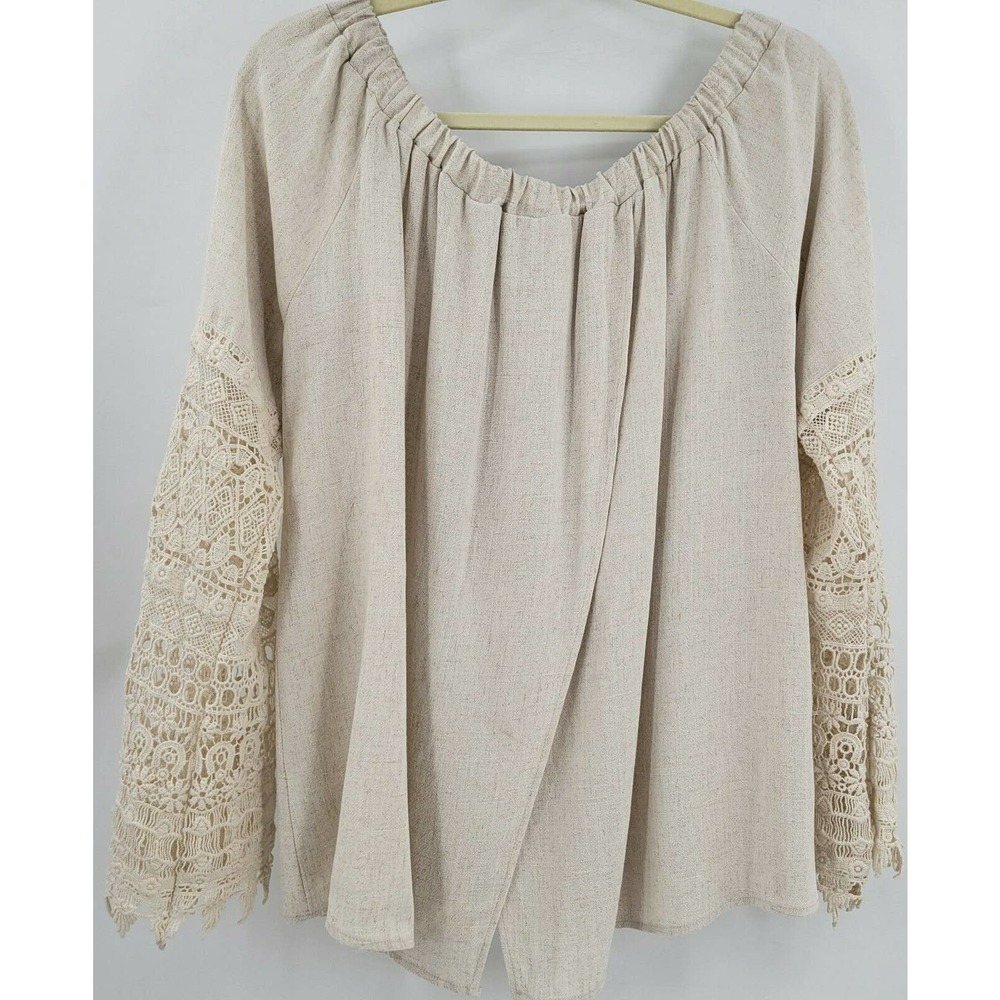 Chrysanthemum Women's M Tan Bell Sleeve Crochet Bell Sleeve Top Slouchy Linen - Picture 4 of 10